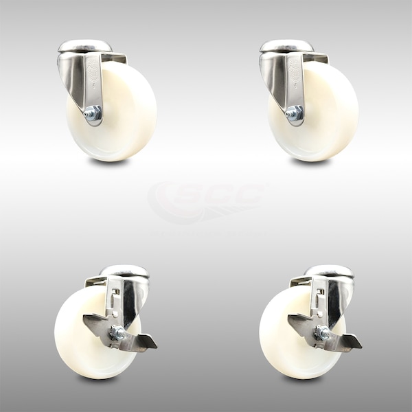 4 Inch 316SS Nylon Wheel Swivel Bolt Hole Caster Brakes, 2PK